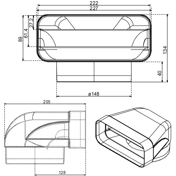 Overgangsstuds fladkanal 90 med flexslange